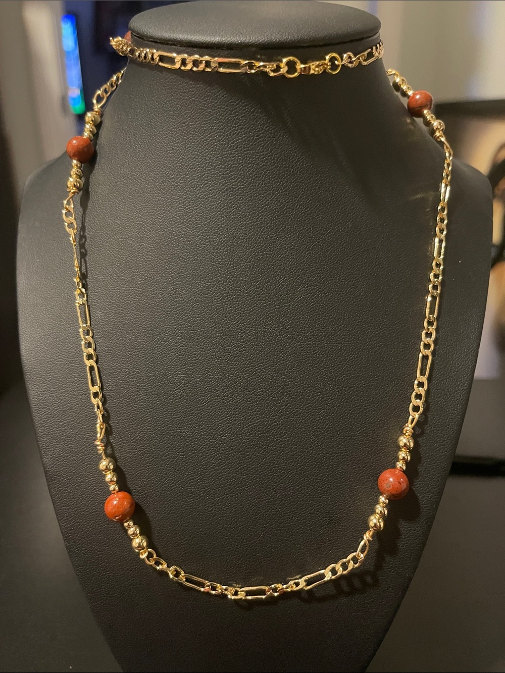 Gold Chain Necklace with Red Bead Accents - Women Jewelry